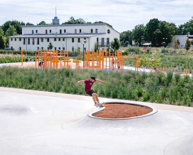Skater im Skatepark Reesepark Augsburg neben Calisthenics Anlage